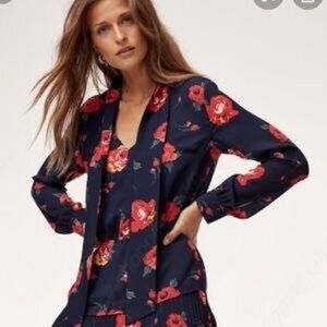 Aritzia Babaton Lucas Floral  Print Blouse With Neck Ties Size XS